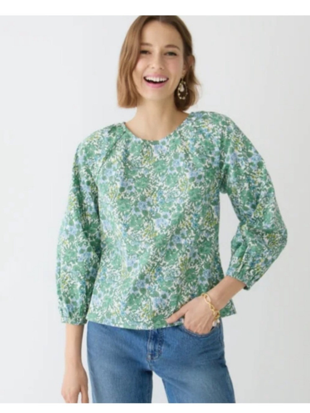 J.CREW Tie-back Stretch Cotton Poplin Top in Fete Floral Green Blue Size 8